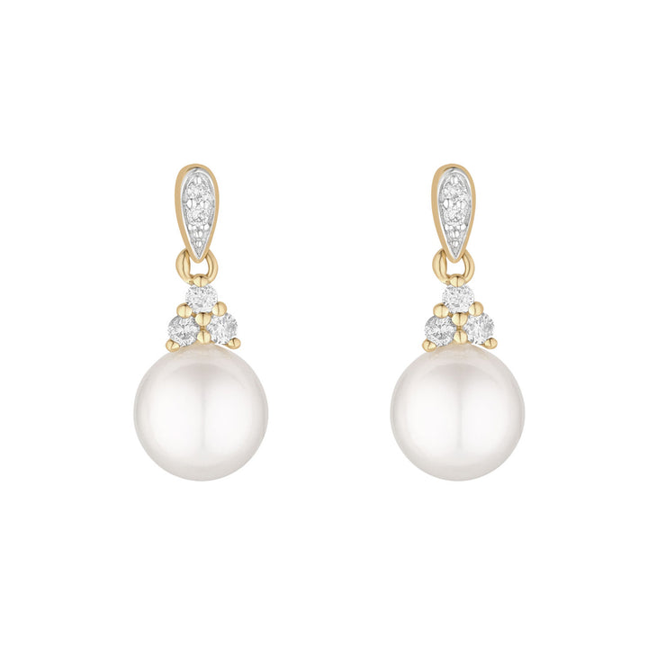 9ct gold diamond and pearl drop earrings on white background