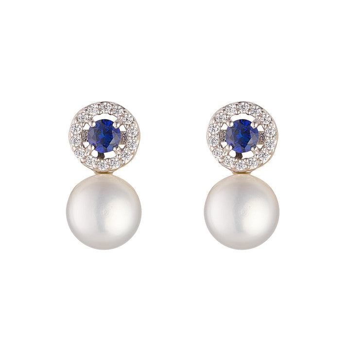 silver cubic zirconia and sapphire pearl earrings on white background