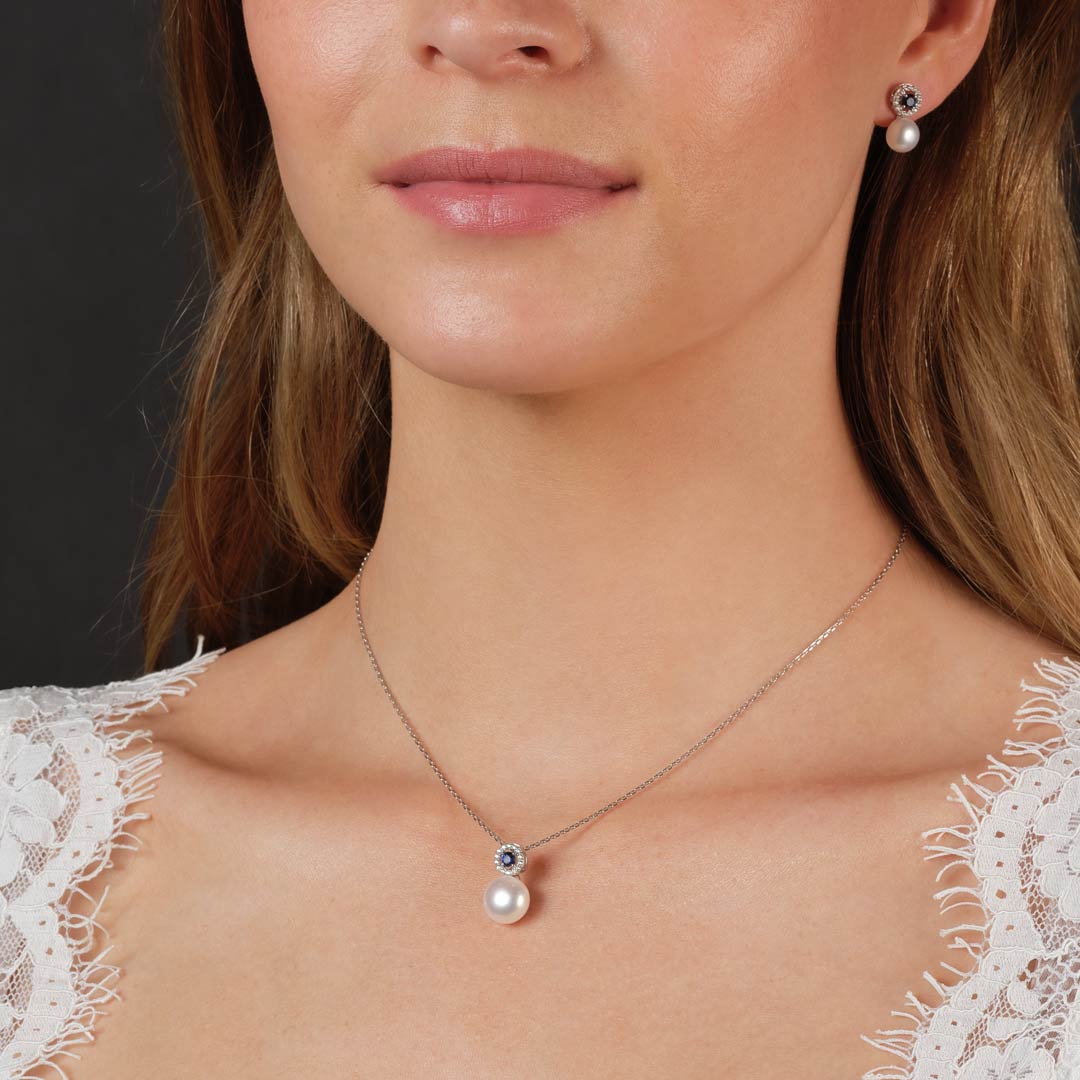 Silver Cubic Zirconia and Sapphire Pearl Earrings