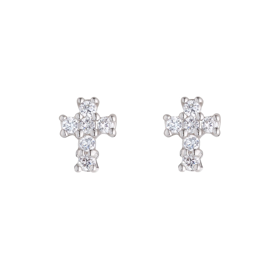 Sterling silver cz cross stud earrings on white background