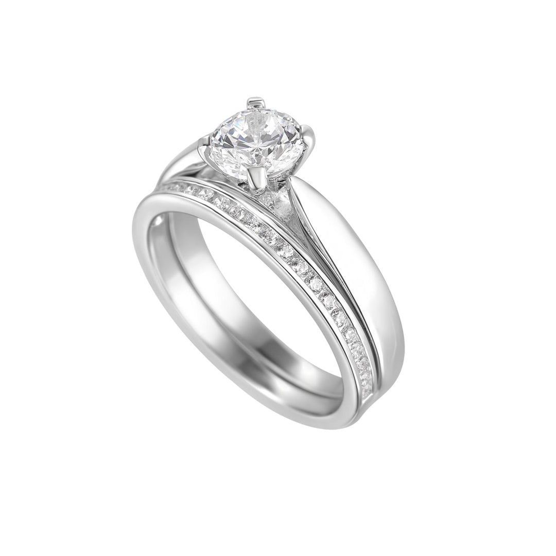 silver cz solitaire ring & wedding band set on white background