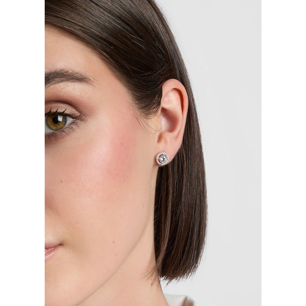 model wearing sterling silver cz halo stud earrings