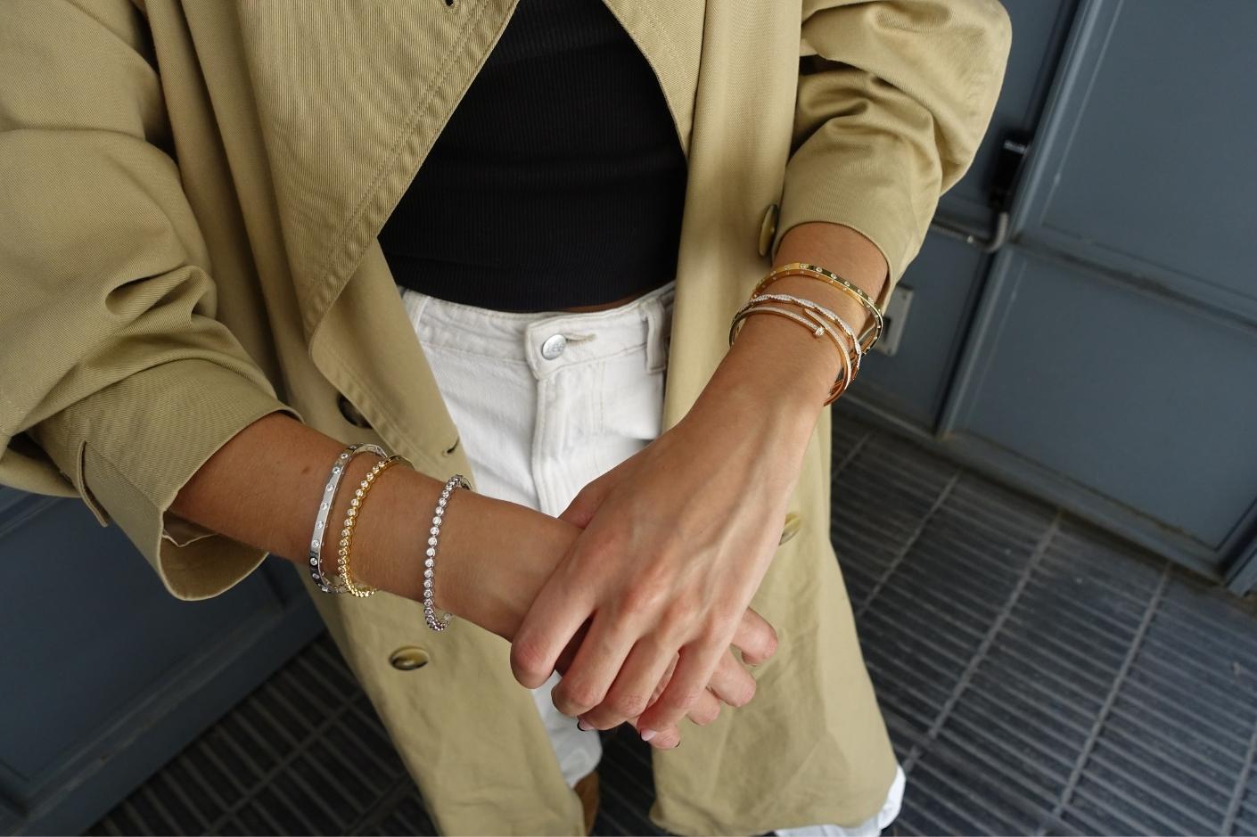sterling silver and gold plated bracelet stack on model