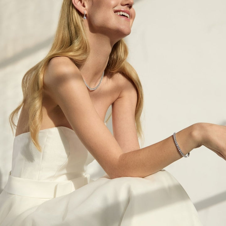sterling silver tennis necklace and bracelet on bride
