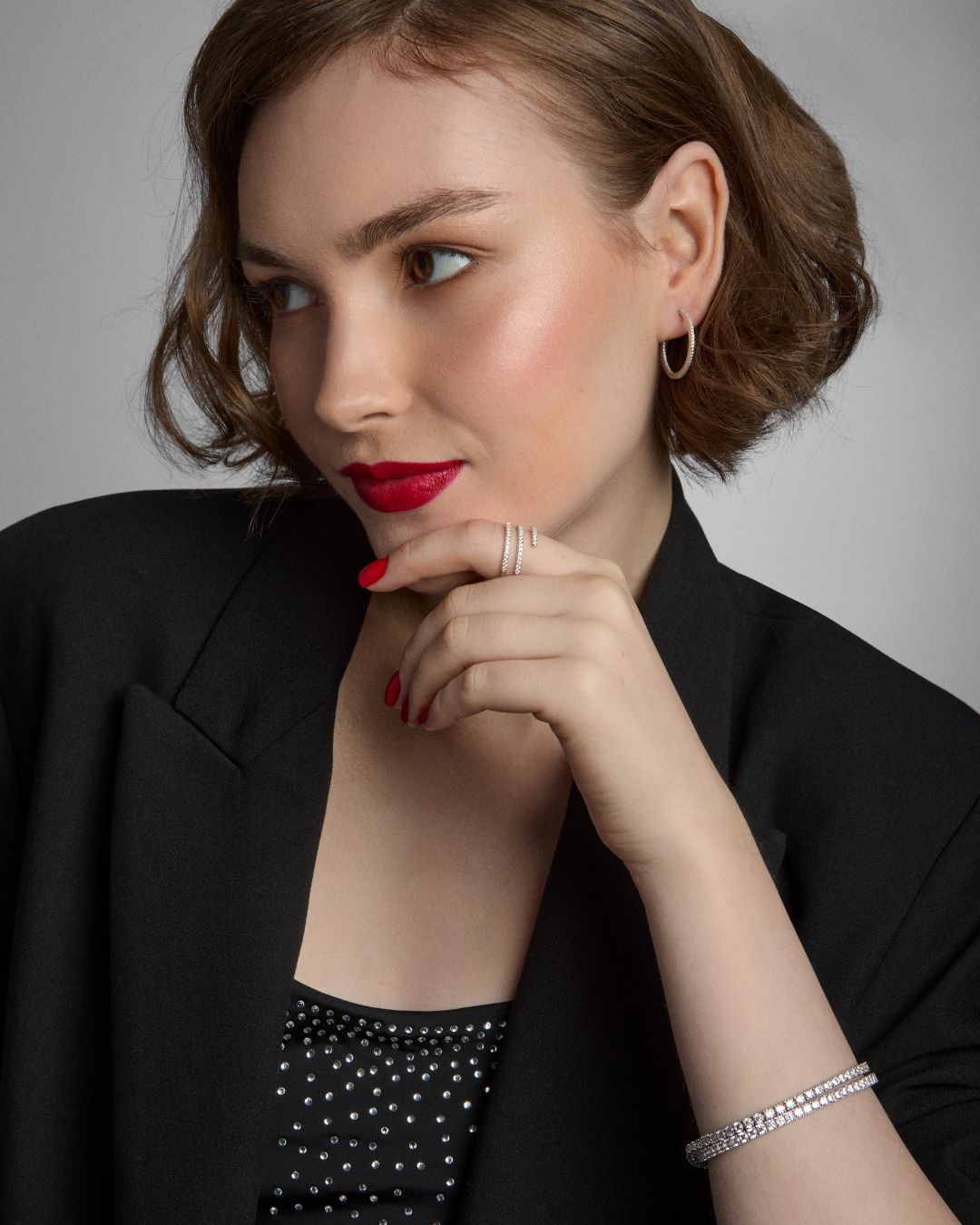 model wearing sterling silver tennis jewellery
