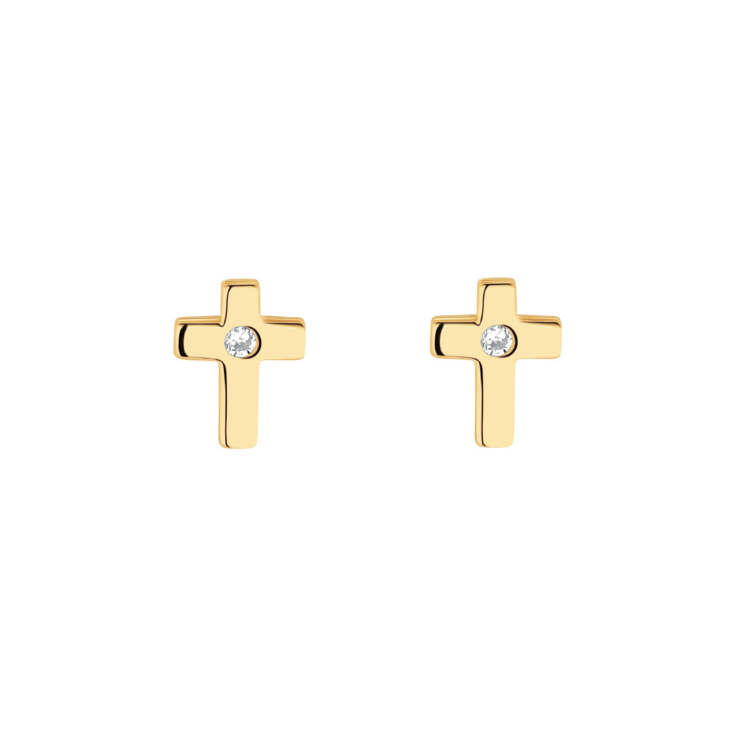 9ct gold cz cross stud earrings on white background