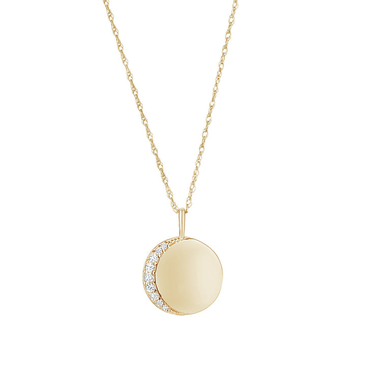 9ct gold 12mm engravable cubic moon edged disc pendant on white background