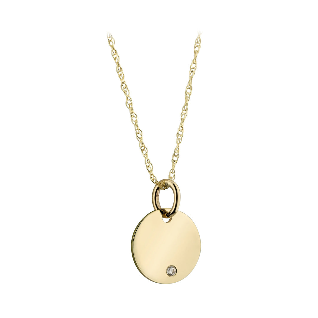 9ct gold solid 15mm cz engravable disc pendant on white background