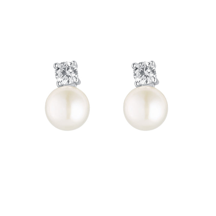 silver cz pearl stud earrings on white background