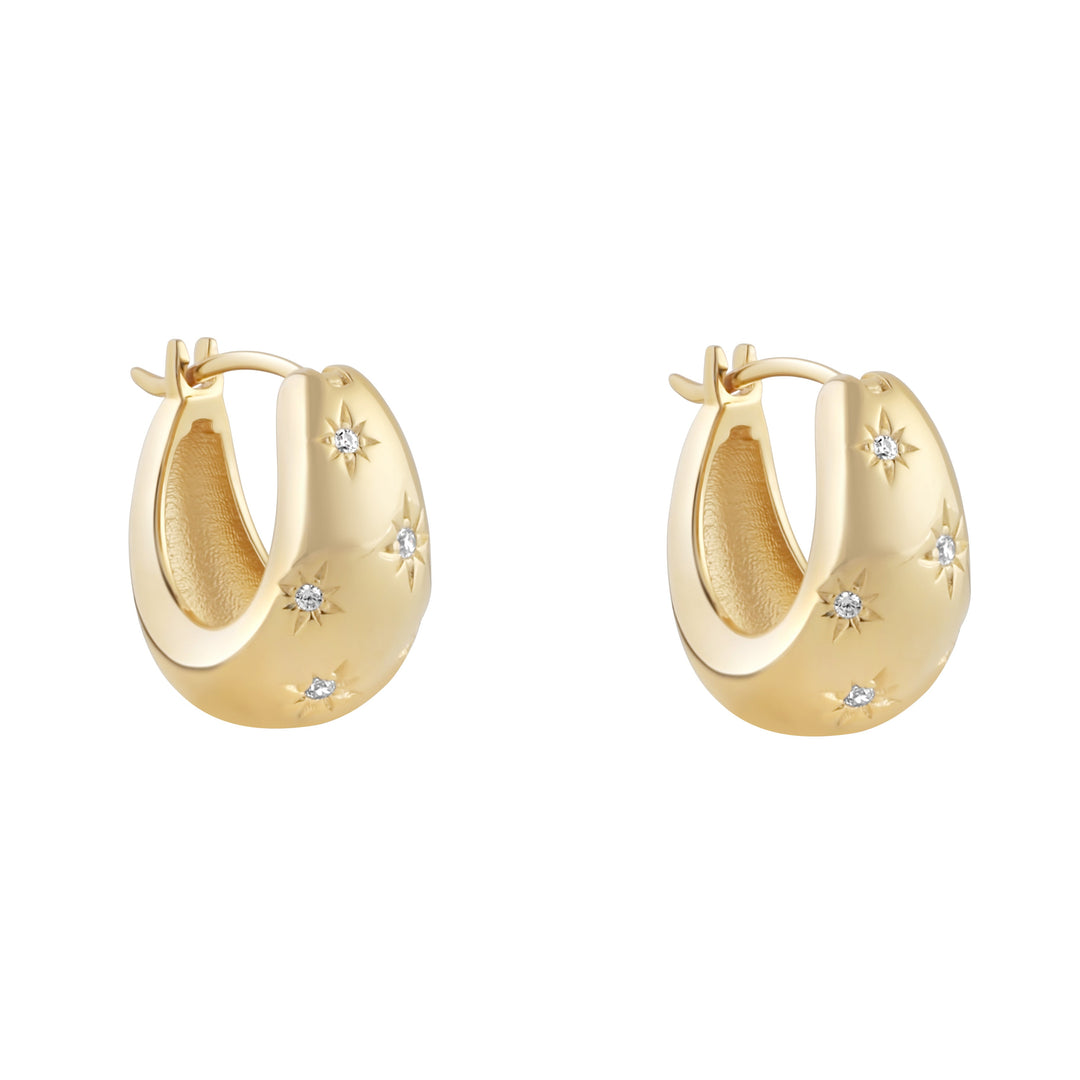 Chunky gold plated sterling silver hoop earrings with star shaped cubic zirconia