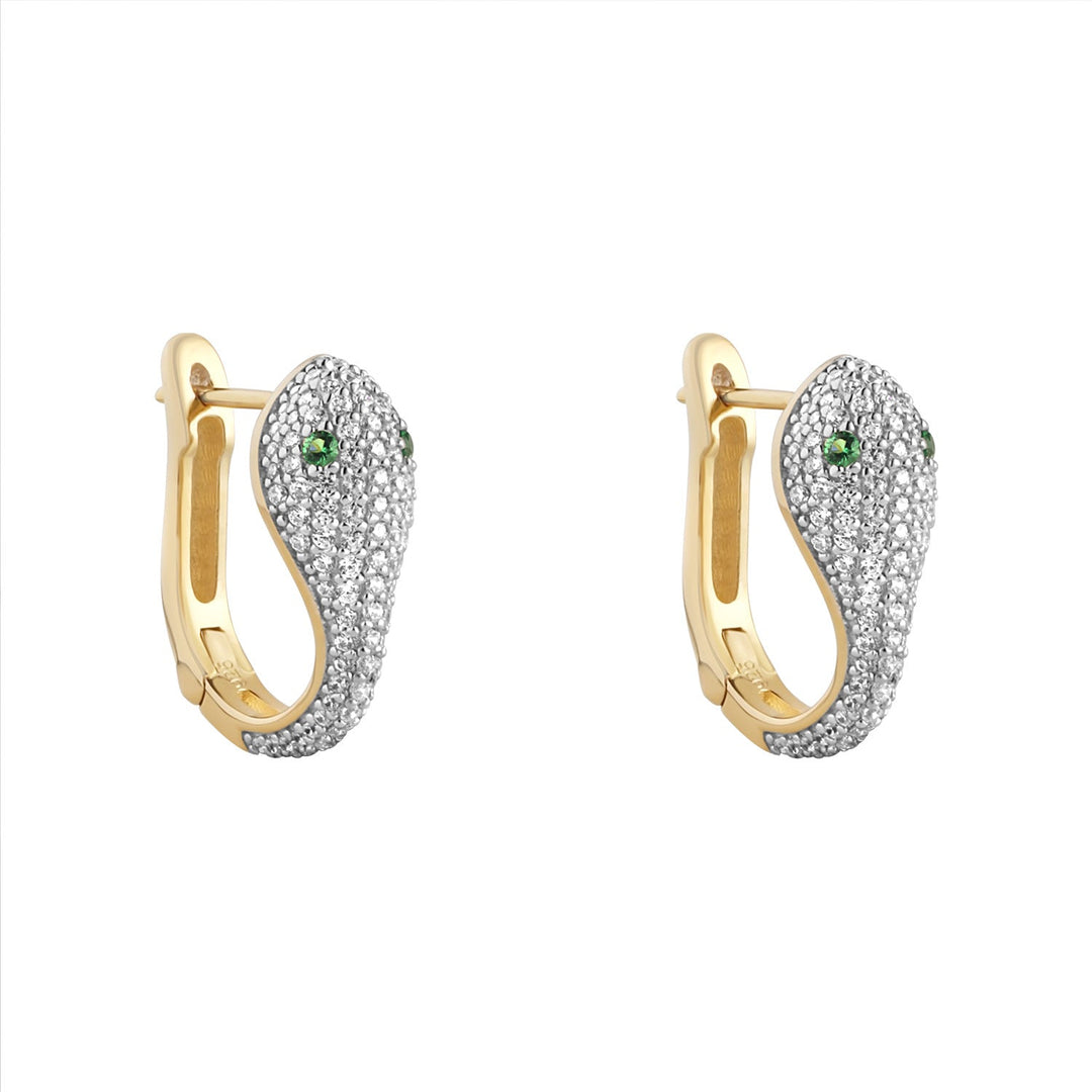 Gold plated sterling silver snake earrings encrusted with cubic zirconia on white background