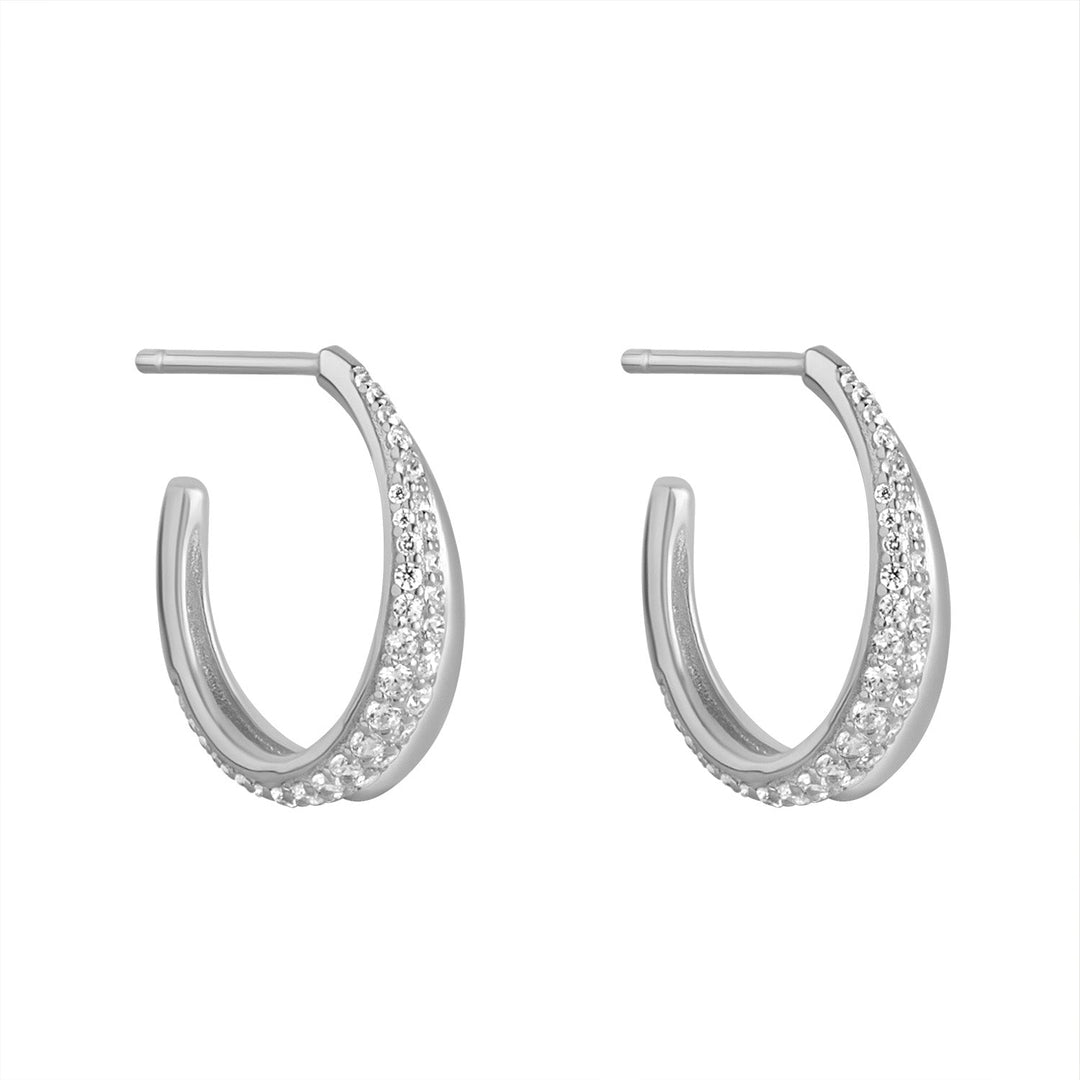 Sterling silver open hoop earrings with cubic zirconia on white background