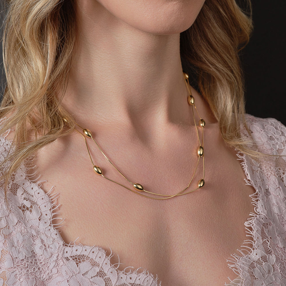 18ct gold plated double layered oval necklace on model