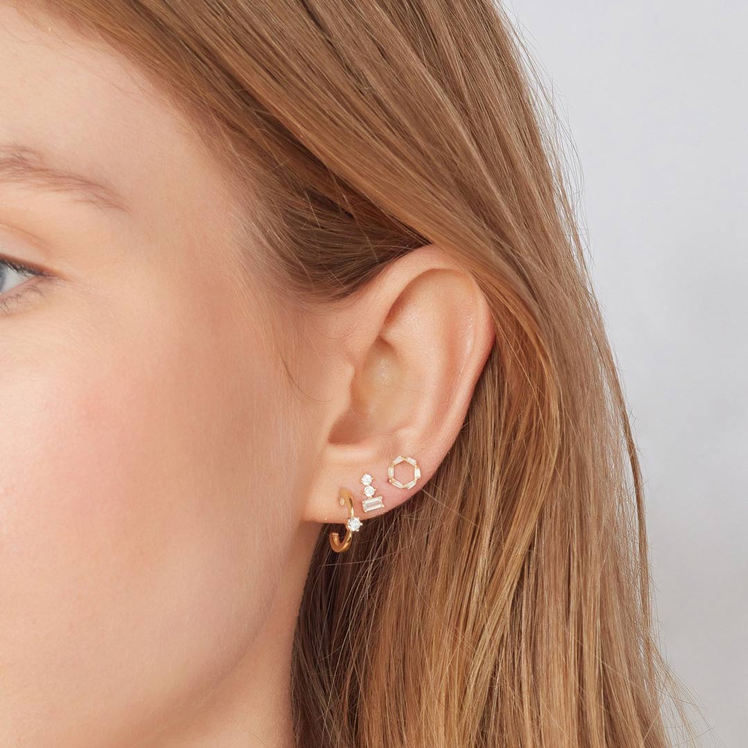 9ct Gold Baguette Set Open Circle Stud Earrings