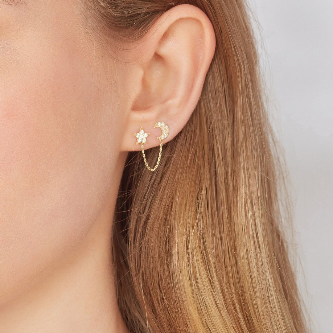 Gold CZ Star and Moon Chain Single Piercing