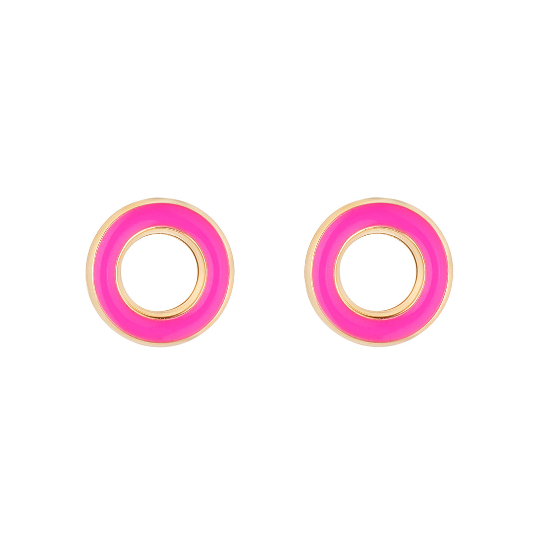Gold Neon Pink Enamel Open Circle Stud Earrings