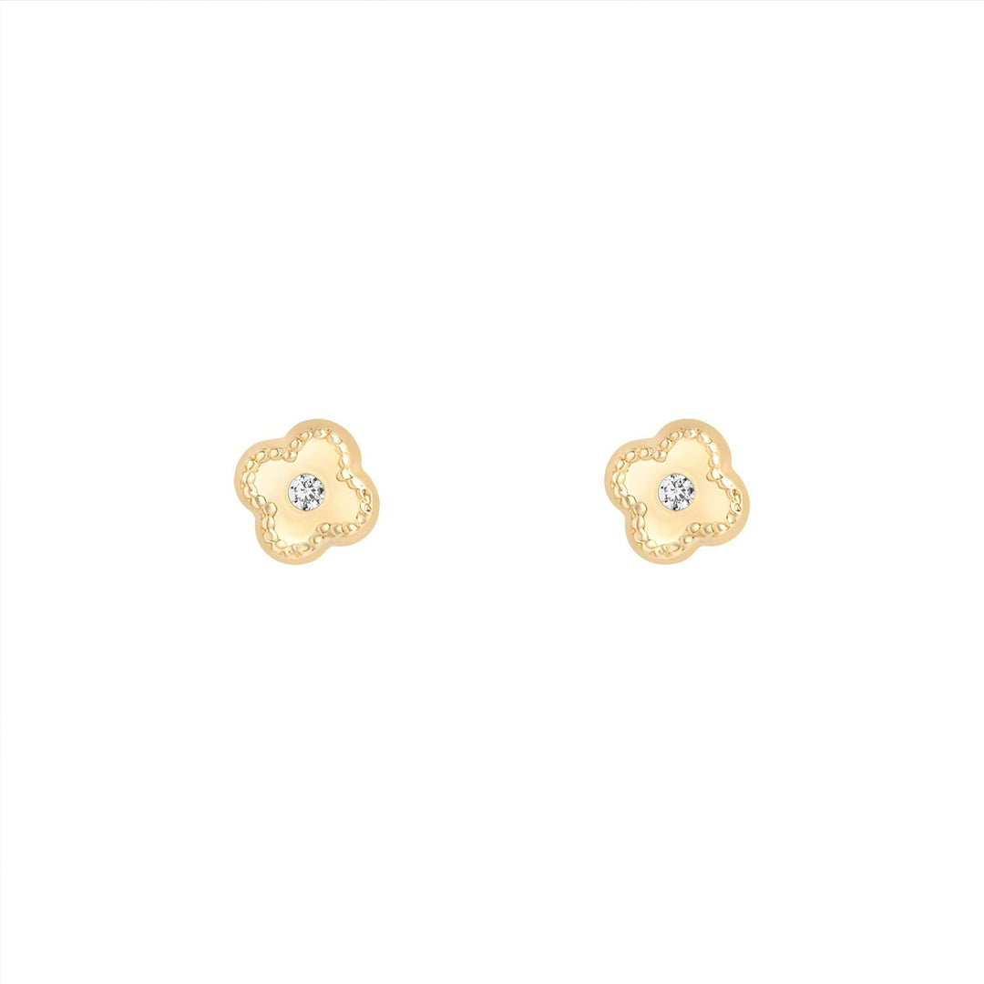 9ct gold flower stud earrings with cubic zirconia centre on white background
