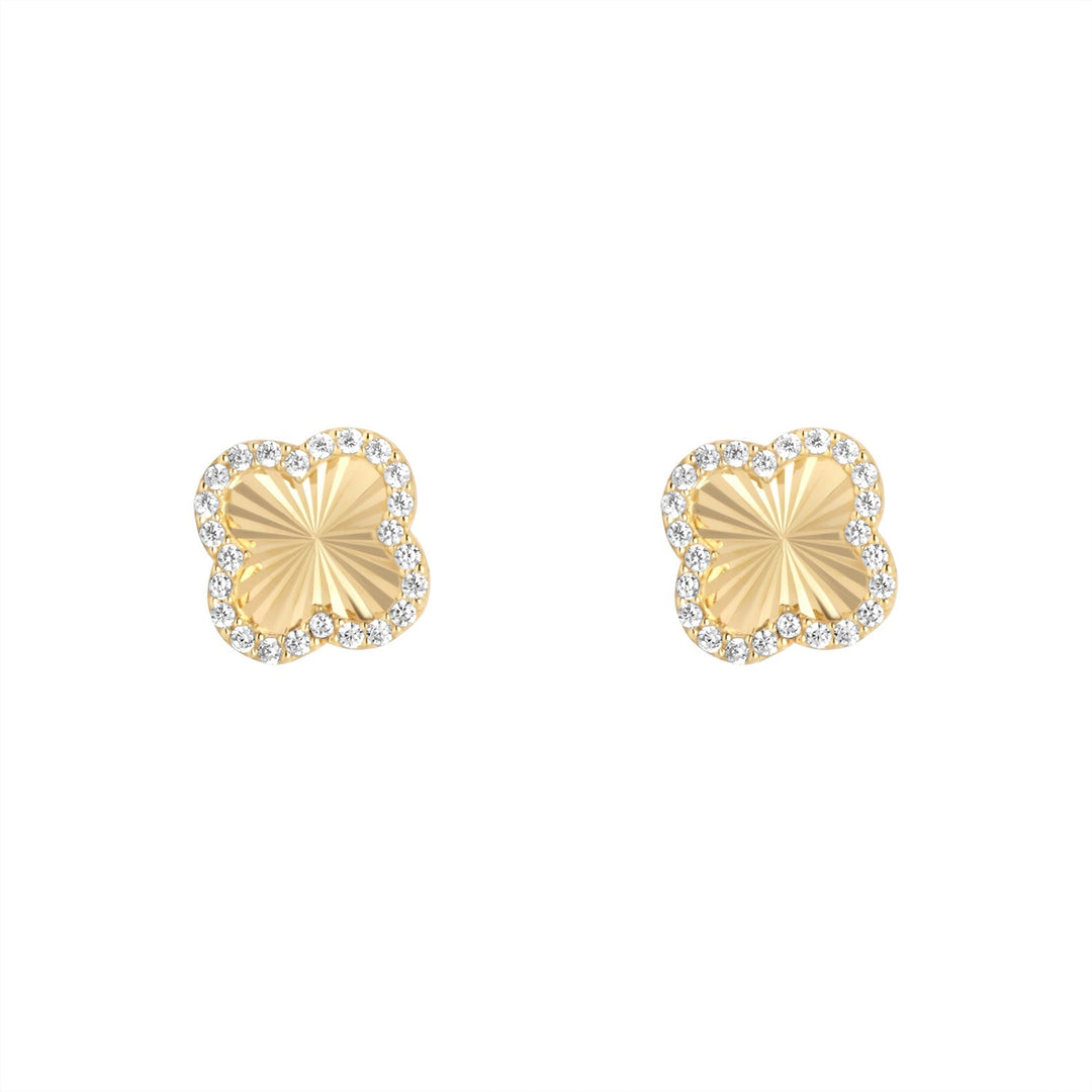 9ct gold clover stud earring with cubic zirconia on white background