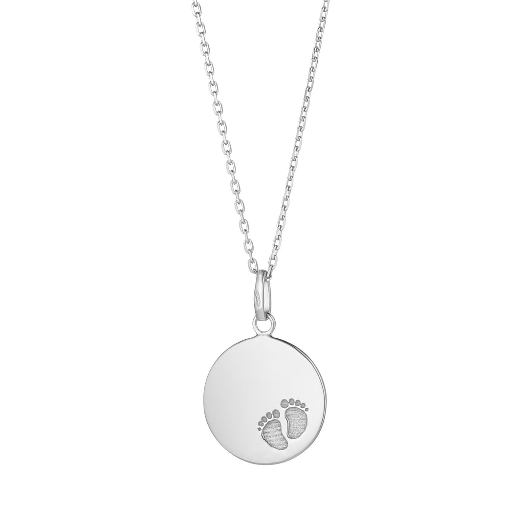 sterling silver engravable disc necklace with baby footprints