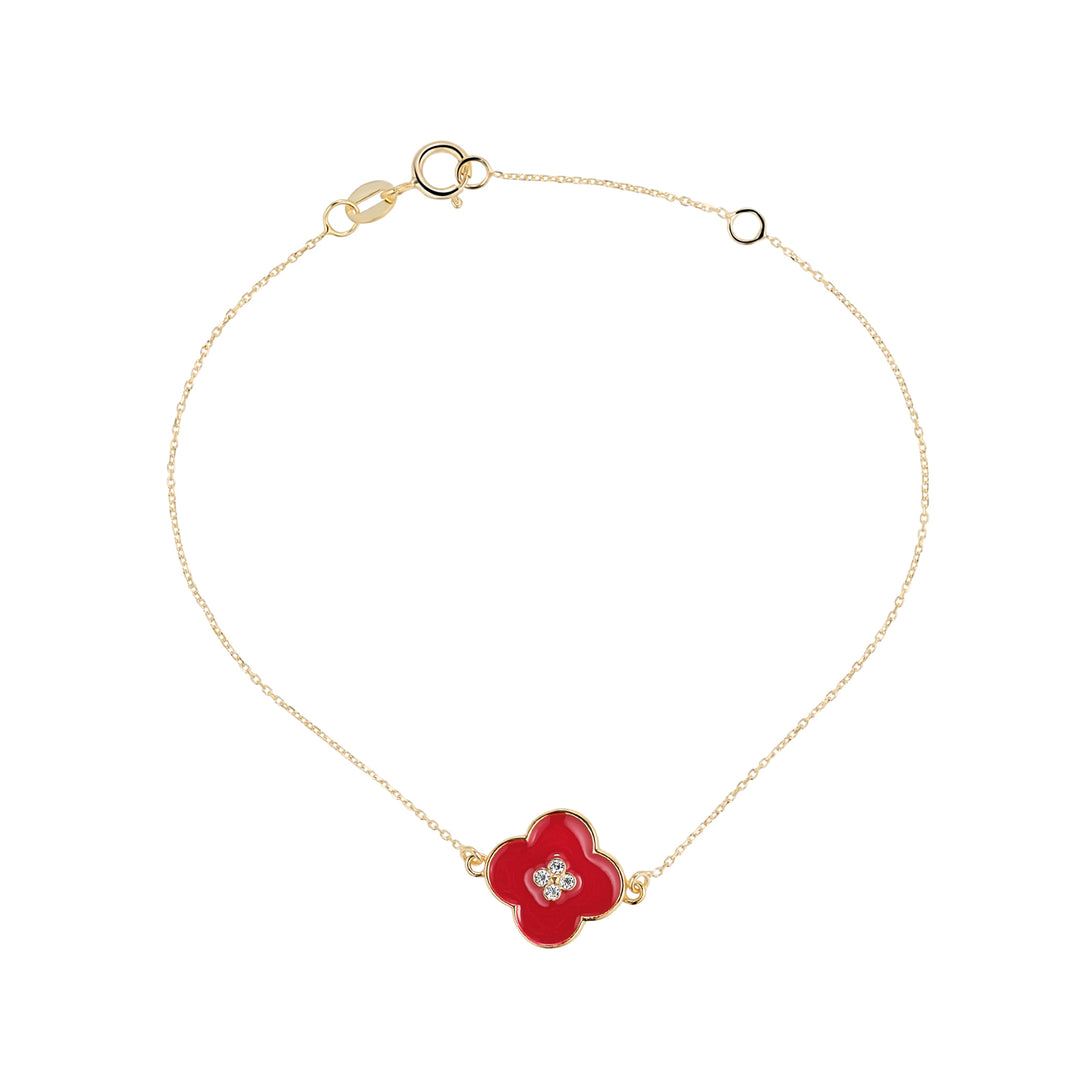 Gold Red Enamel Flower Cubic Zirconia Centre Bracelet
