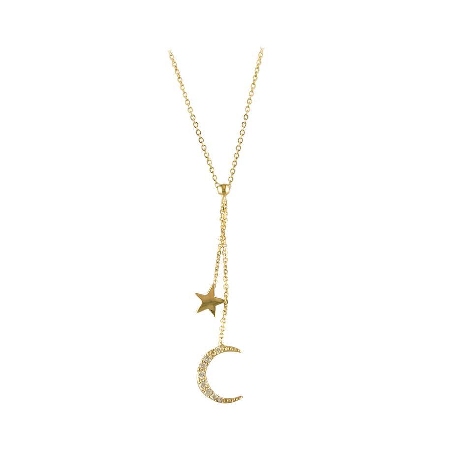 Gold CZ Set Star & Moon Lariot Necklace