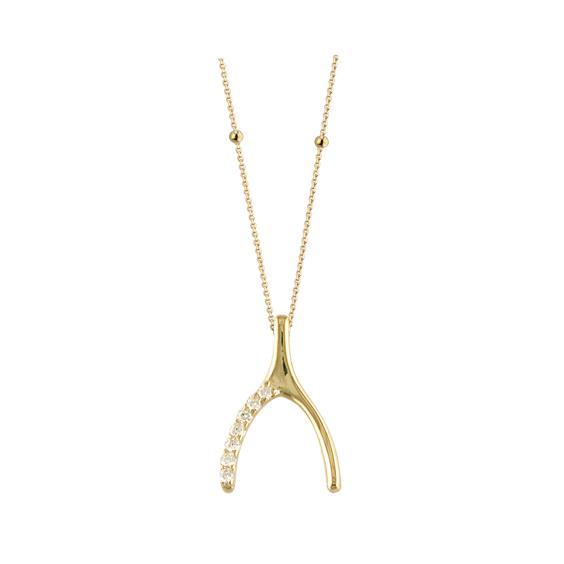 Gold CZ Set Wishbone on a Delicate Chain with Gold Ball Details