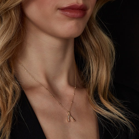 Gold CZ Set Wishbone on a Delicate Chain with Gold Ball Details