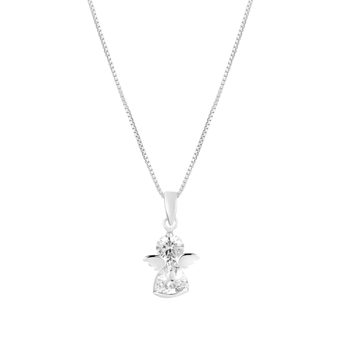 silver cz angel pendant on white background