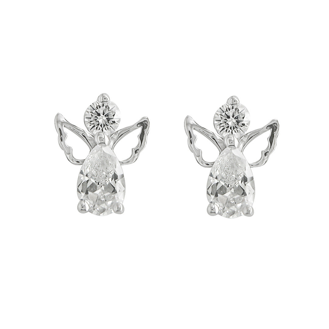product image of silver cubic zirconia angel stud earrings on white background