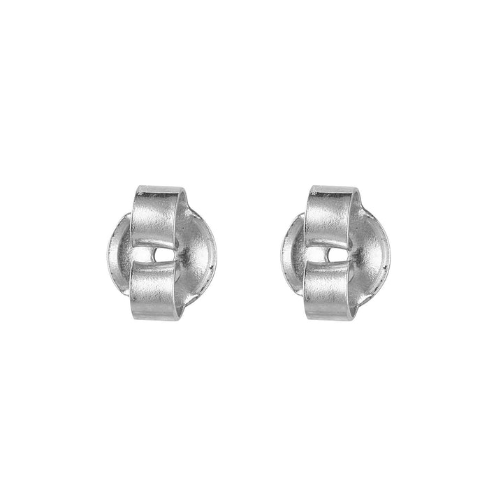 a pair of butterfly earring backs in silver on white background