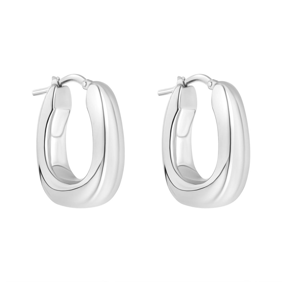 silver chunky oval hoop earrings on white background