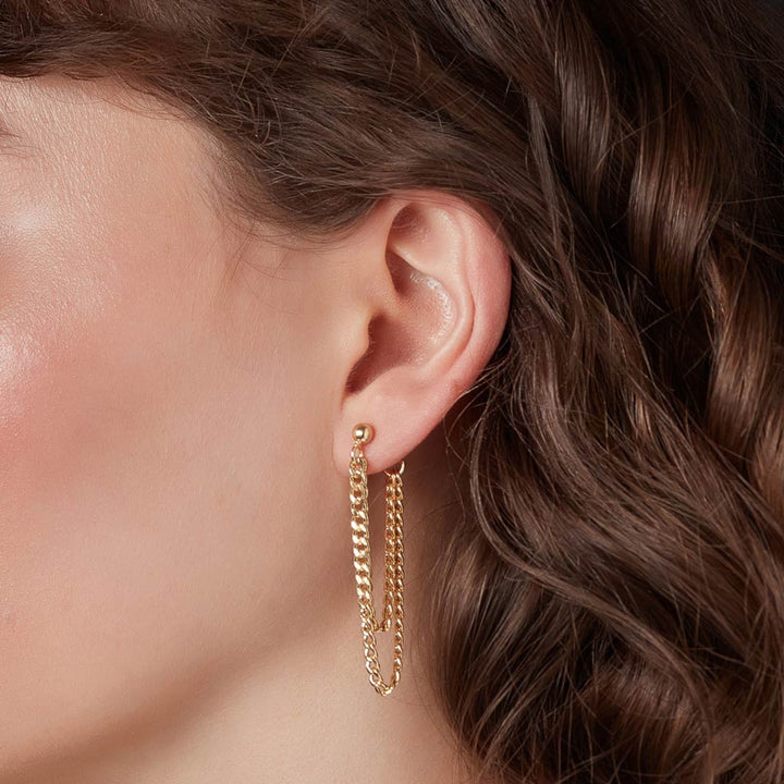 Gold Plated Curb Chain Earrings on model