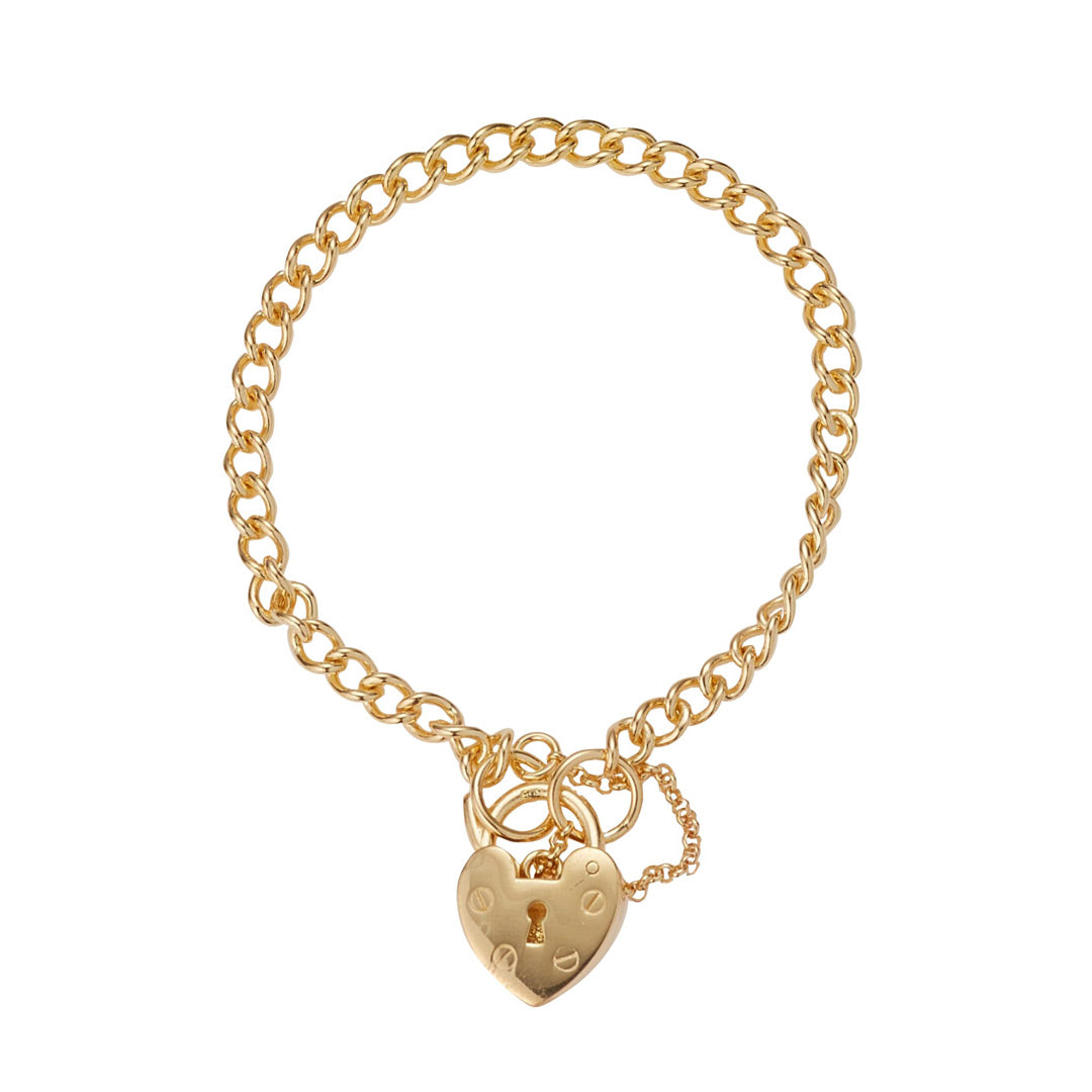 gold plated curb padlock bracelet on white background