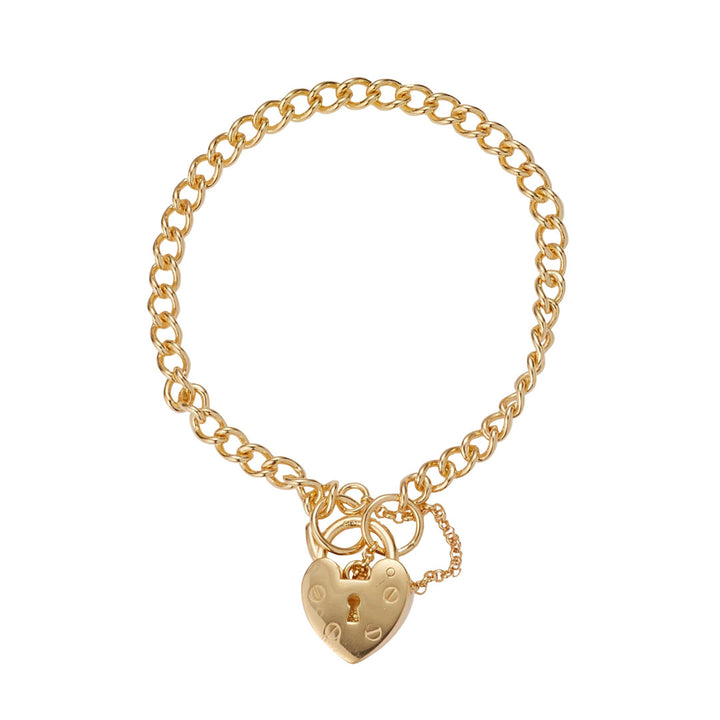 gold plated curb padlock bracelet on white background