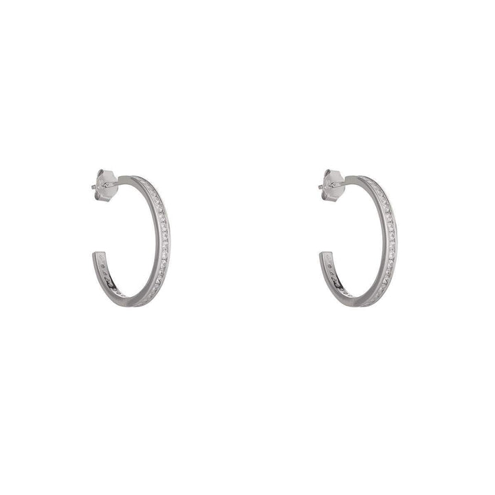 silver channel set 20mm hoop earrings on white background