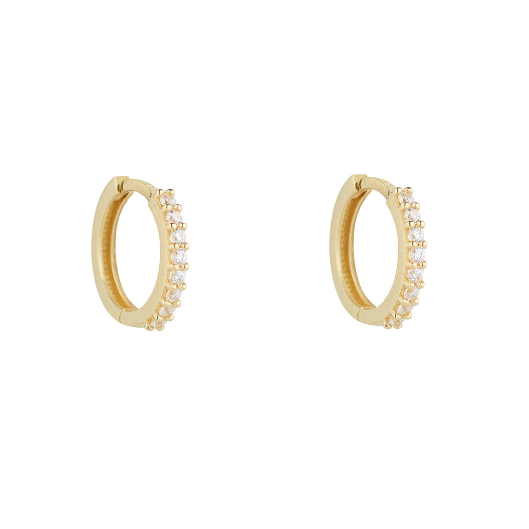9ct gold cubic zirconia claw set huggie earrings on white background