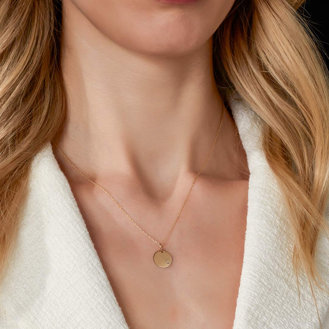 engravable disc pendant on model