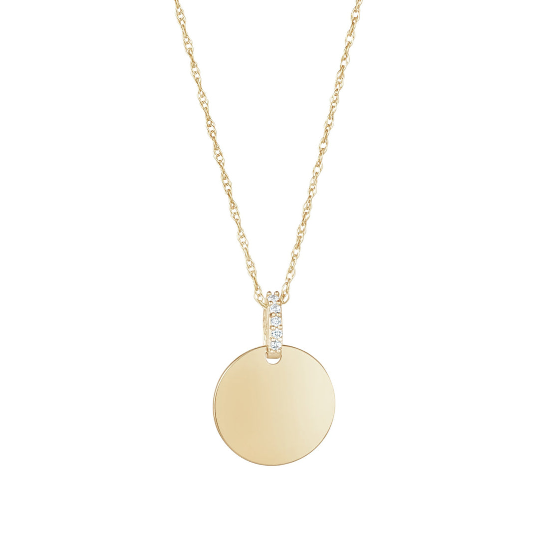 9ct gold 12mm engravable disc pendant on white background