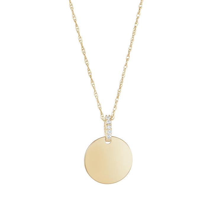 9ct gold 12mm engravable disc pendant on white background
