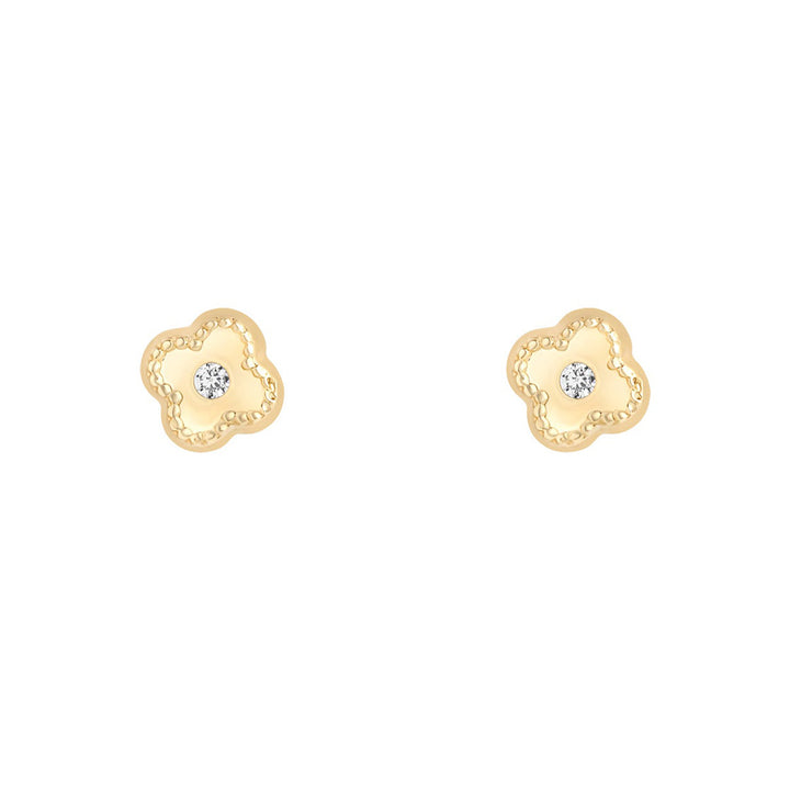 9ct gold flower stud earrings with cubic zirconia centre on white background