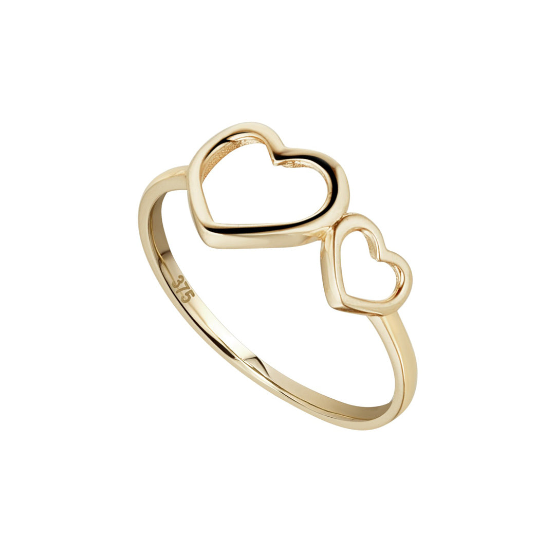 9ct gold double heart ring on white background