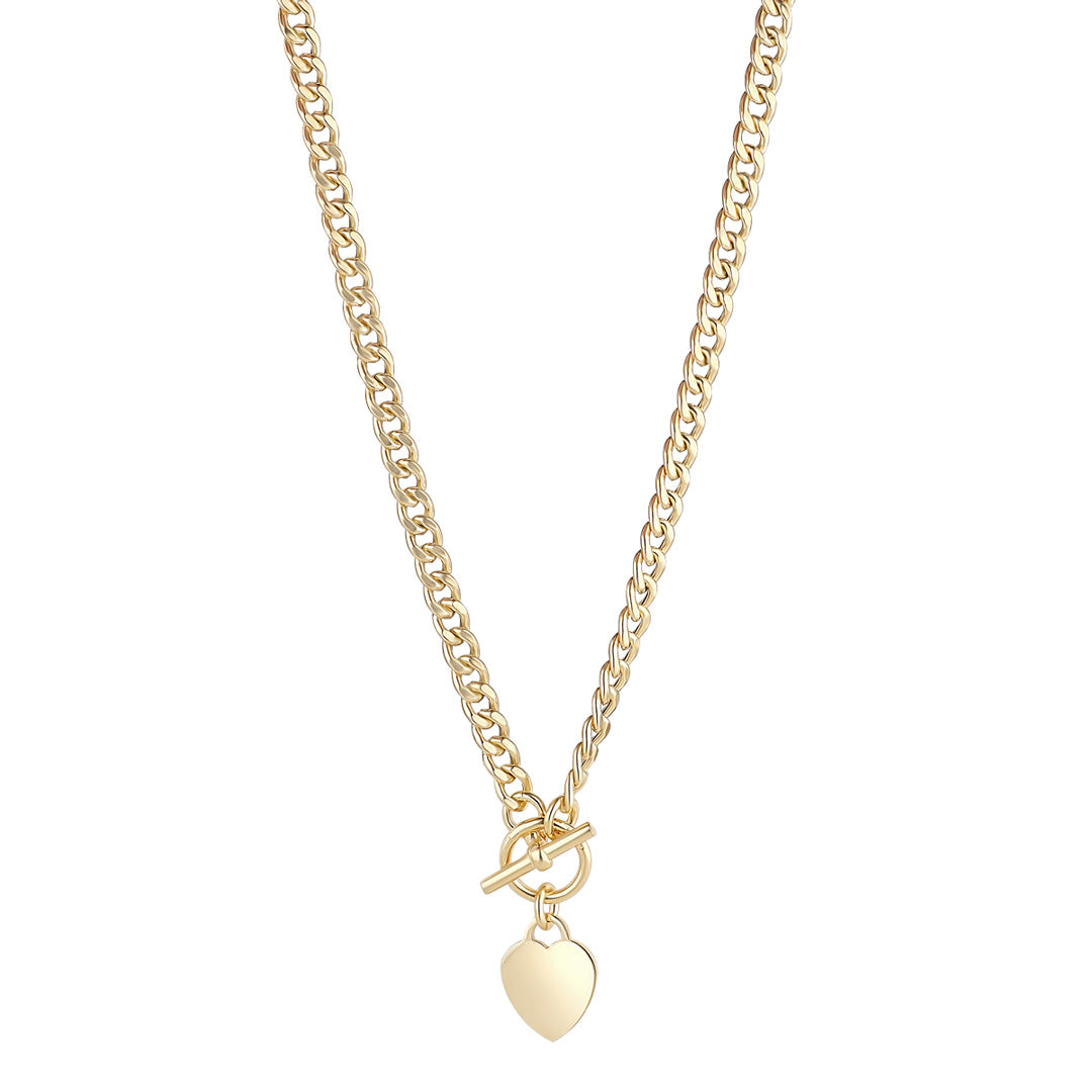 A polished gold T bar chain necklace with a T-bar clasp with a smooth, polished gold heart charm, set against a clean, neutral background to highlight its elegant, minimalist design.