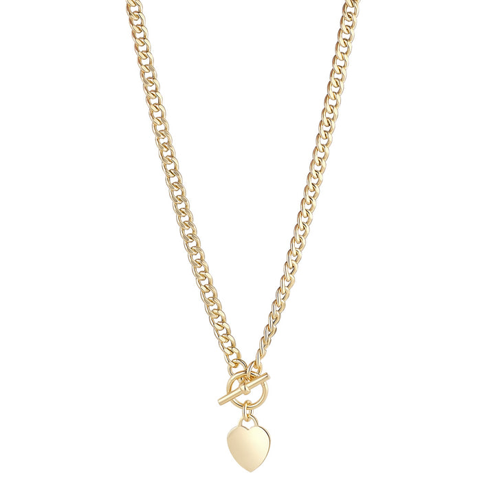 A polished gold T bar chain necklace with a T-bar clasp with a smooth, polished gold heart charm, set against a clean, neutral background to highlight its elegant, minimalist design.