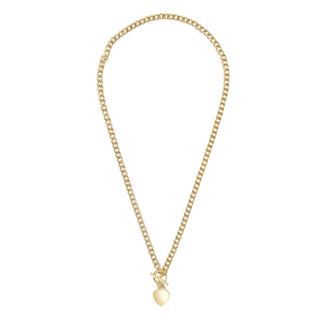 A polished gold chain necklace featuring a T-bar clasp and a smooth heart-shaped pendant, presented against a clean, neutral background to highlight its elegant, minimal design