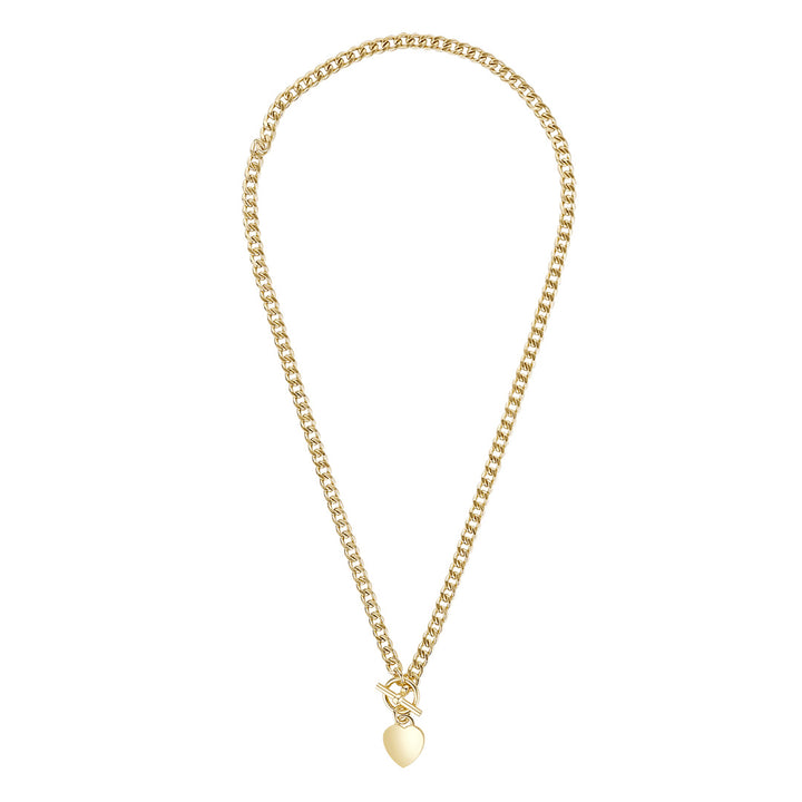 A polished gold chain necklace featuring a T-bar clasp and a smooth heart-shaped pendant, presented against a clean, neutral background to highlight its elegant, minimal design