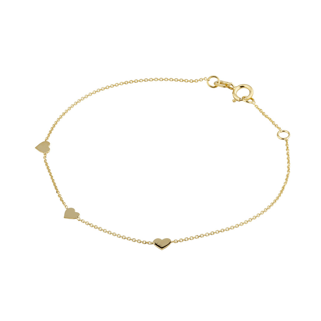 9ct gold 3 heart bracelet on white background