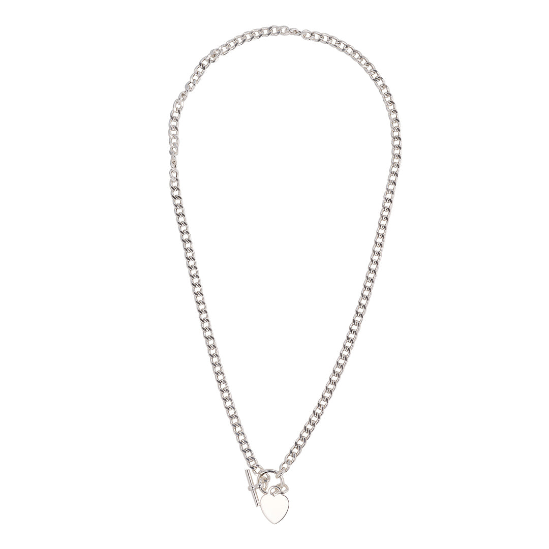 silver heart t bar necklace on white background