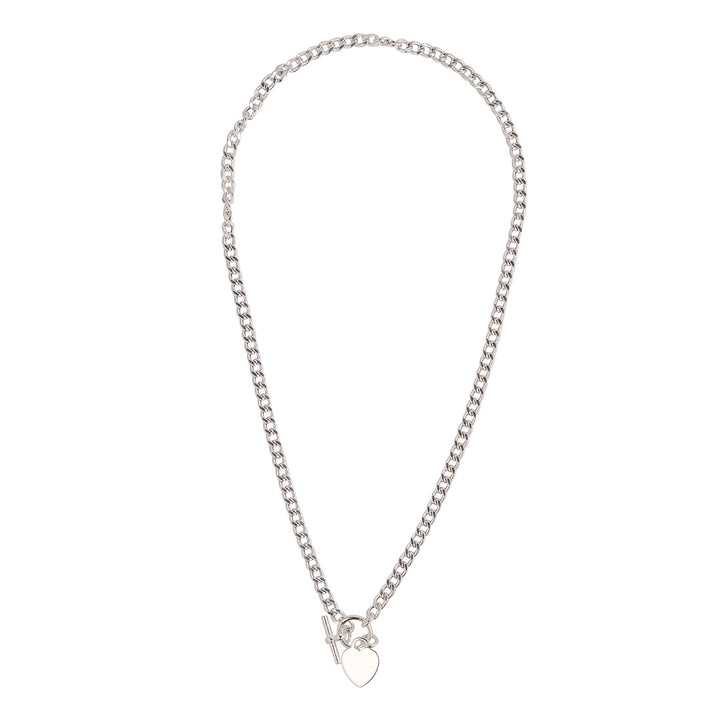 silver heart t bar necklace on white background