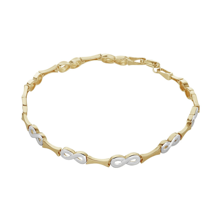 two tone gold infinity bracelet on white background