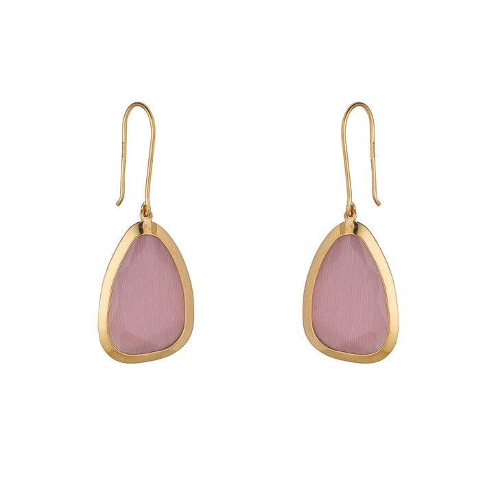 9ct gold pink cat's eye gemstone drop earrings on white background